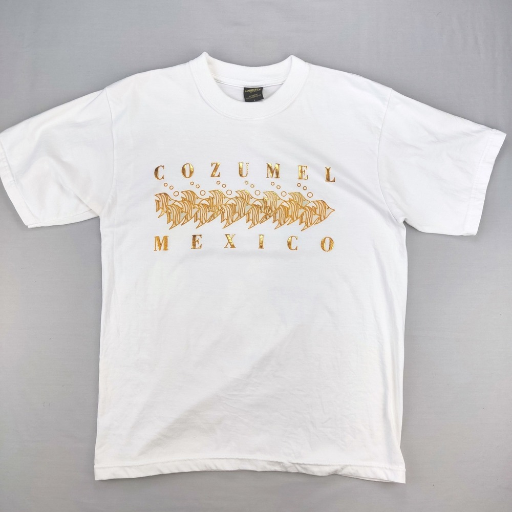 Dolphin's T-Shirt Men Large White Cozumel Mexico Gold Foil Fish Souvenir Tee